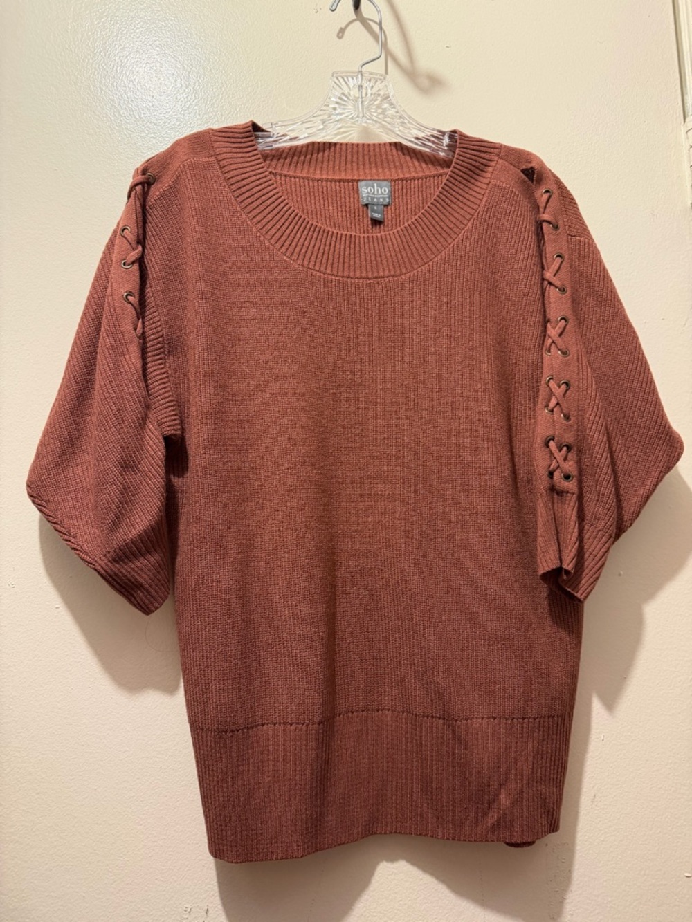 New York & Company Rosy Brown Lace-Up Sleeve Sweater